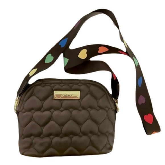 Betsey Johnson Handbags - Betsey Johnson Black Faux Leather Quilted Rainbow Heart Strap Crossbody Purse